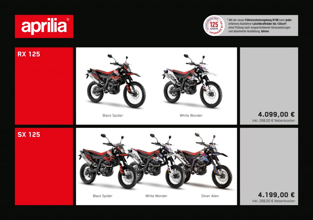 Neue Aprilia Motorroller & Leichtkrafträder Preisliste & Farben ab April 2024