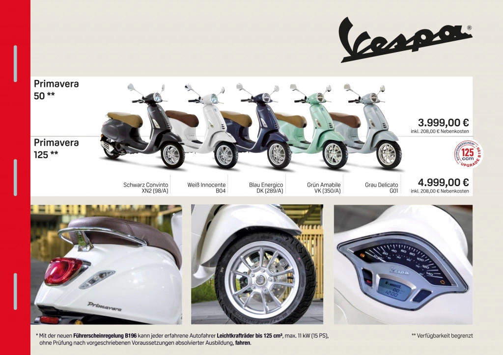 Neue Vespa Motorroller Preisliste & Farben ab April 2024